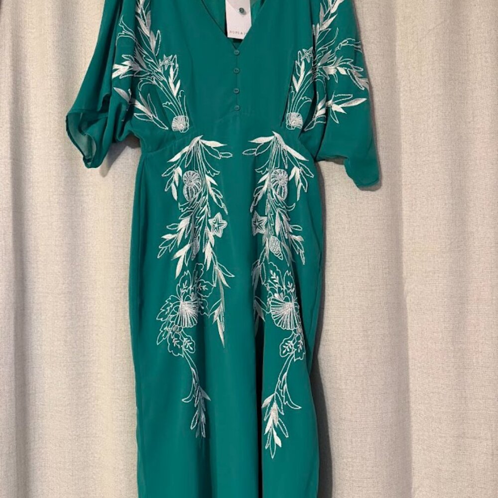 Hope & Ivy Embroidered Midi Dress — Teal, Size 10 (NWT)